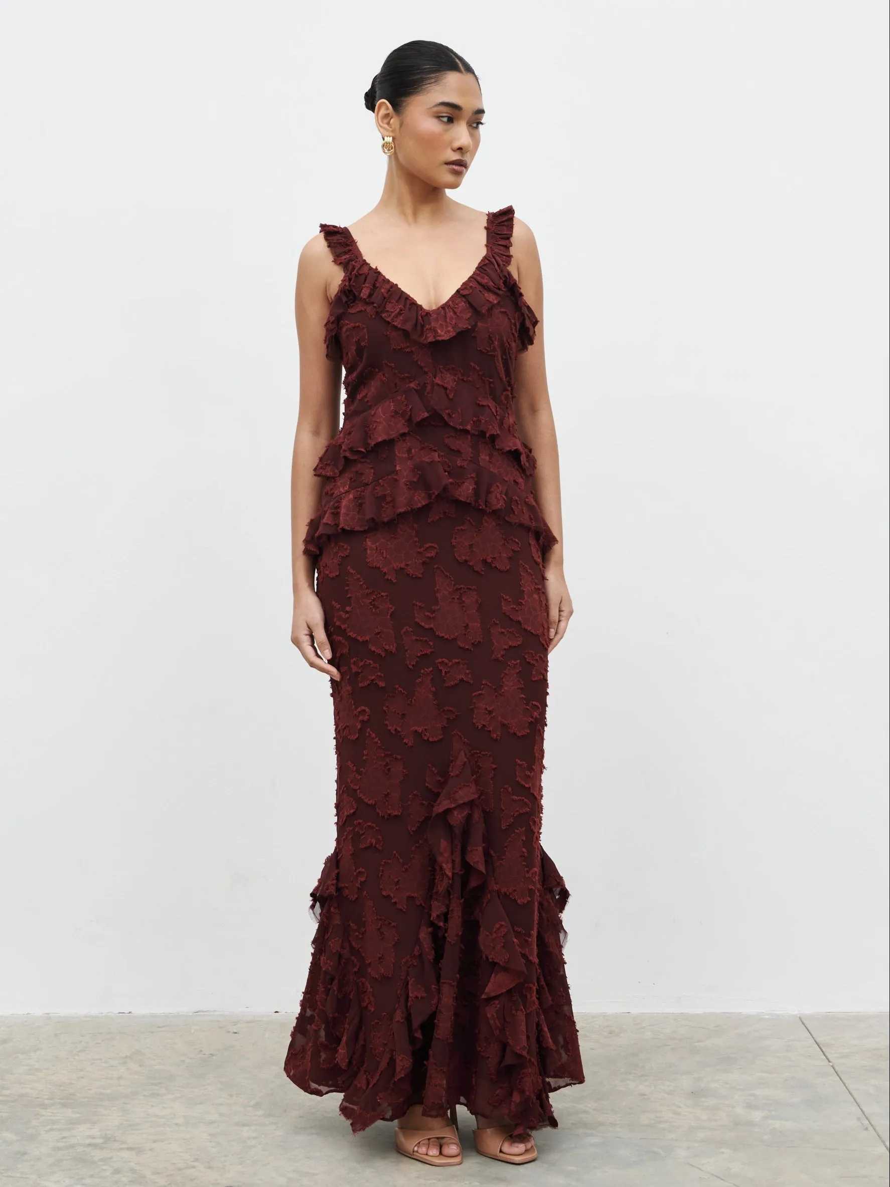 Helena Ruffle Jacquard Maxi Dress - Mahogony sold by Pretty Lavish product image thumbnail 5