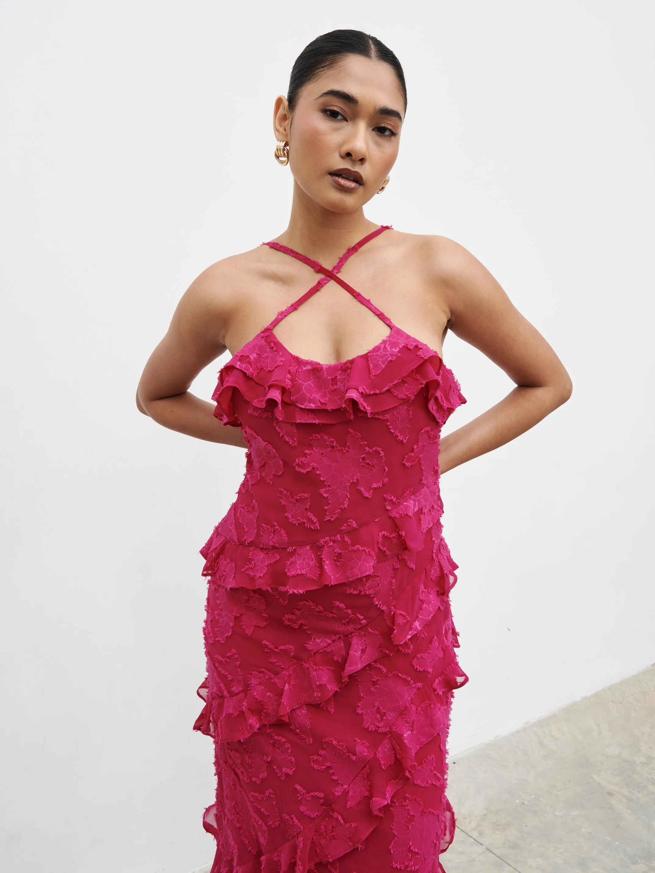 Aryana Jacquard Ruffle Midaxi Dress - Berry sold by Pretty Lavish product image thumbnail 3