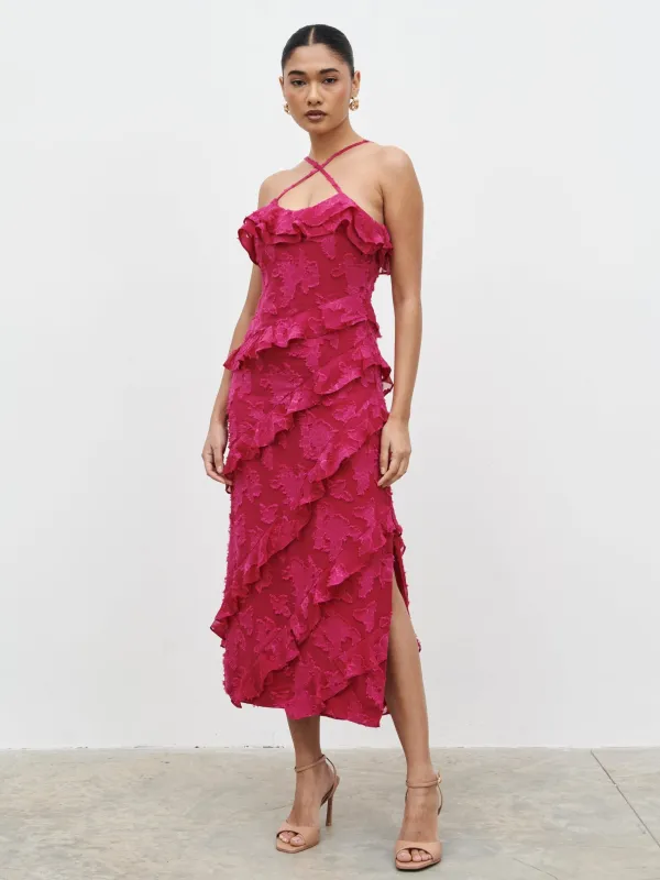 Aryana Jacquard Ruffle Midaxi Dress - Berry sold by Pretty Lavish