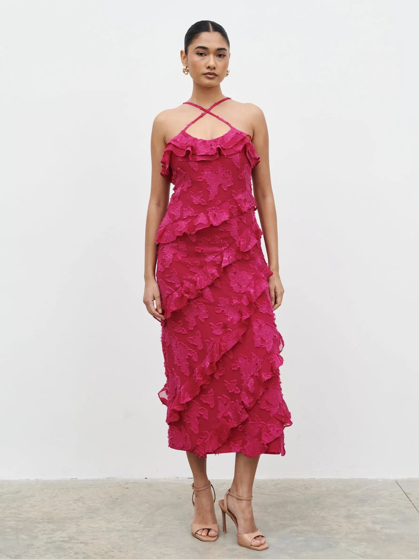 Aryana Jacquard Ruffle Midaxi Dress - Berry sold by Pretty Lavish product image thumbnail 2