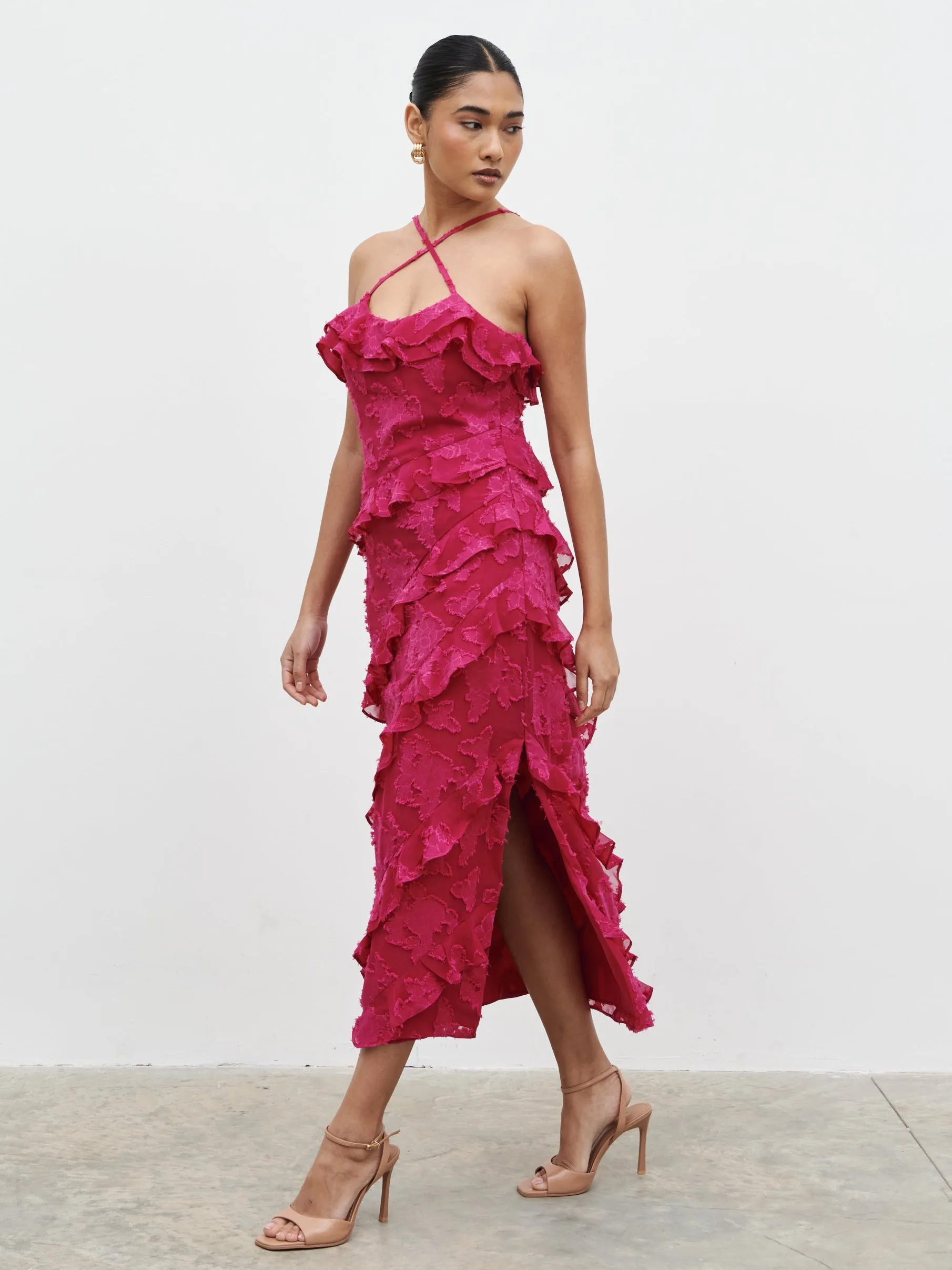 Aryana Jacquard Ruffle Midaxi Dress - Berry sold by Pretty Lavish product image thumbnail 4
