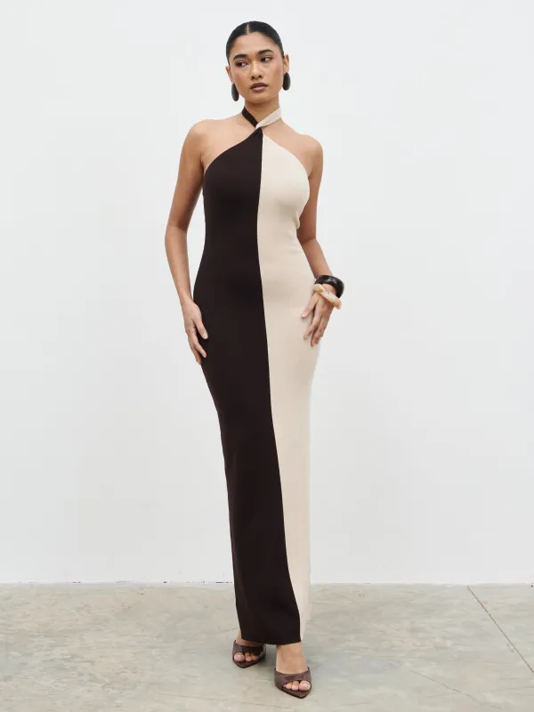 Berkley Contrast Knit Maxi Dress - Beige and Chocolate Brown made by Pretty Lavish