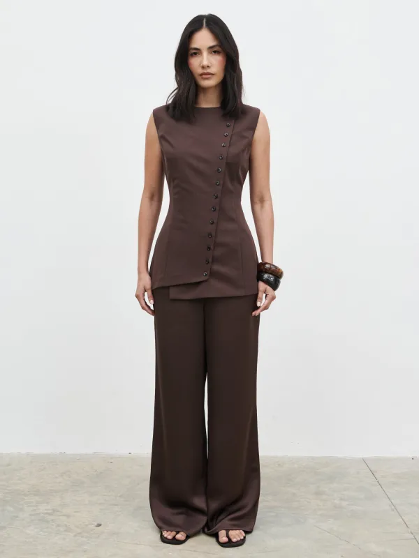 Brylee Asymmetric Button Waistcoat - Brown made by Pretty Lavish