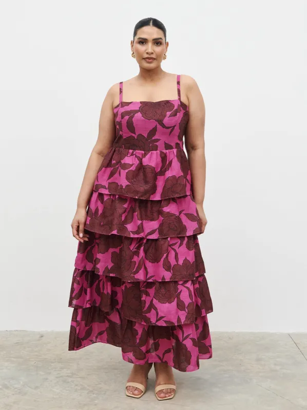 Aalyiah Square Neck Ruffle Midaxi Dress Curve - Brown and Fuchsia Floral sold by Pretty Lavish