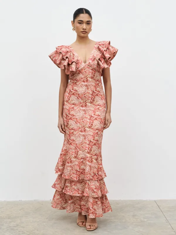 Alani V Neck Ruffle Maxi Dress - Berry Multi Abstract sold by Pretty Lavish