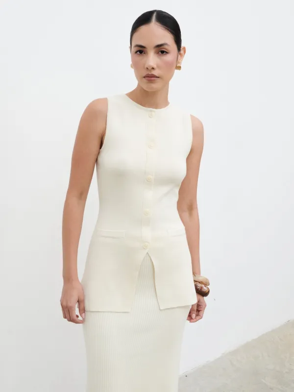 Alba Knit Longline Waistcoat - Cream made by Pretty Lavish