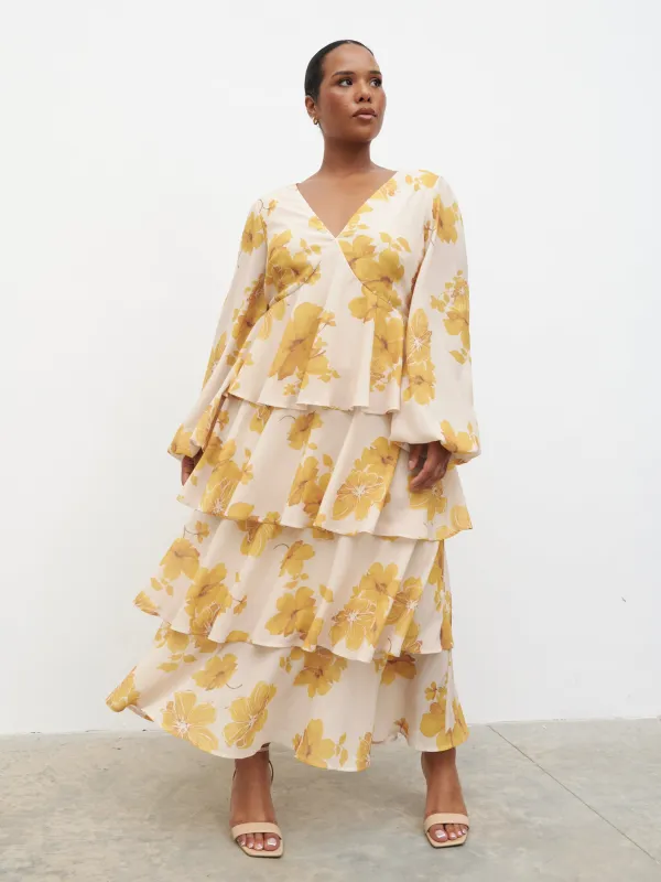 Ashton Ruffle Midaxi Dress Curve - Yellow Ochre Floral made by Pretty Lavish