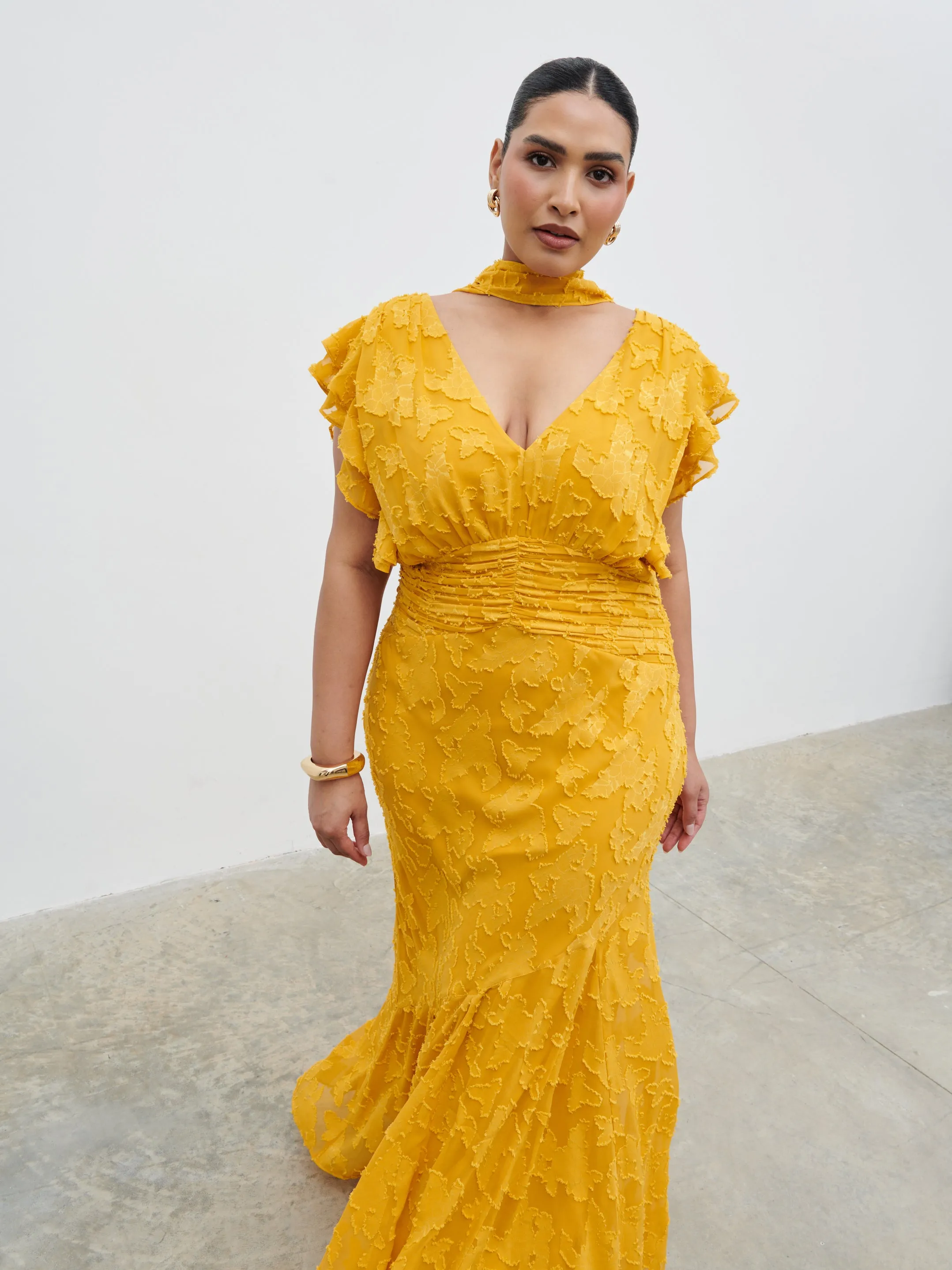 Katelynn Frill Jacquard Maxi Dress Curve - Yellow Ochre sold by Pretty Lavish product image thumbnail 5
