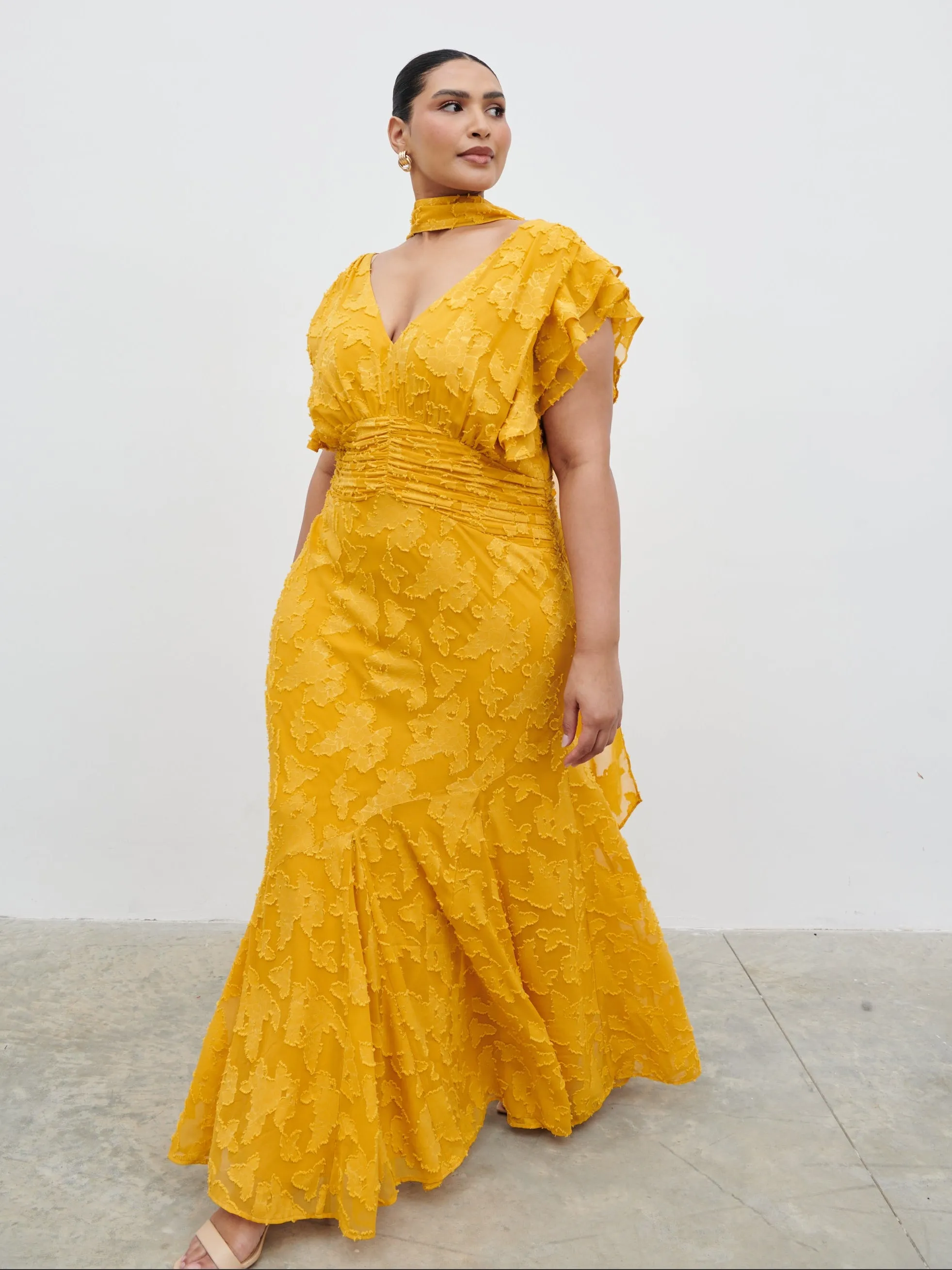 Katelynn Frill Jacquard Maxi Dress Curve - Yellow Ochre sold by Pretty Lavish product image thumbnail 2
