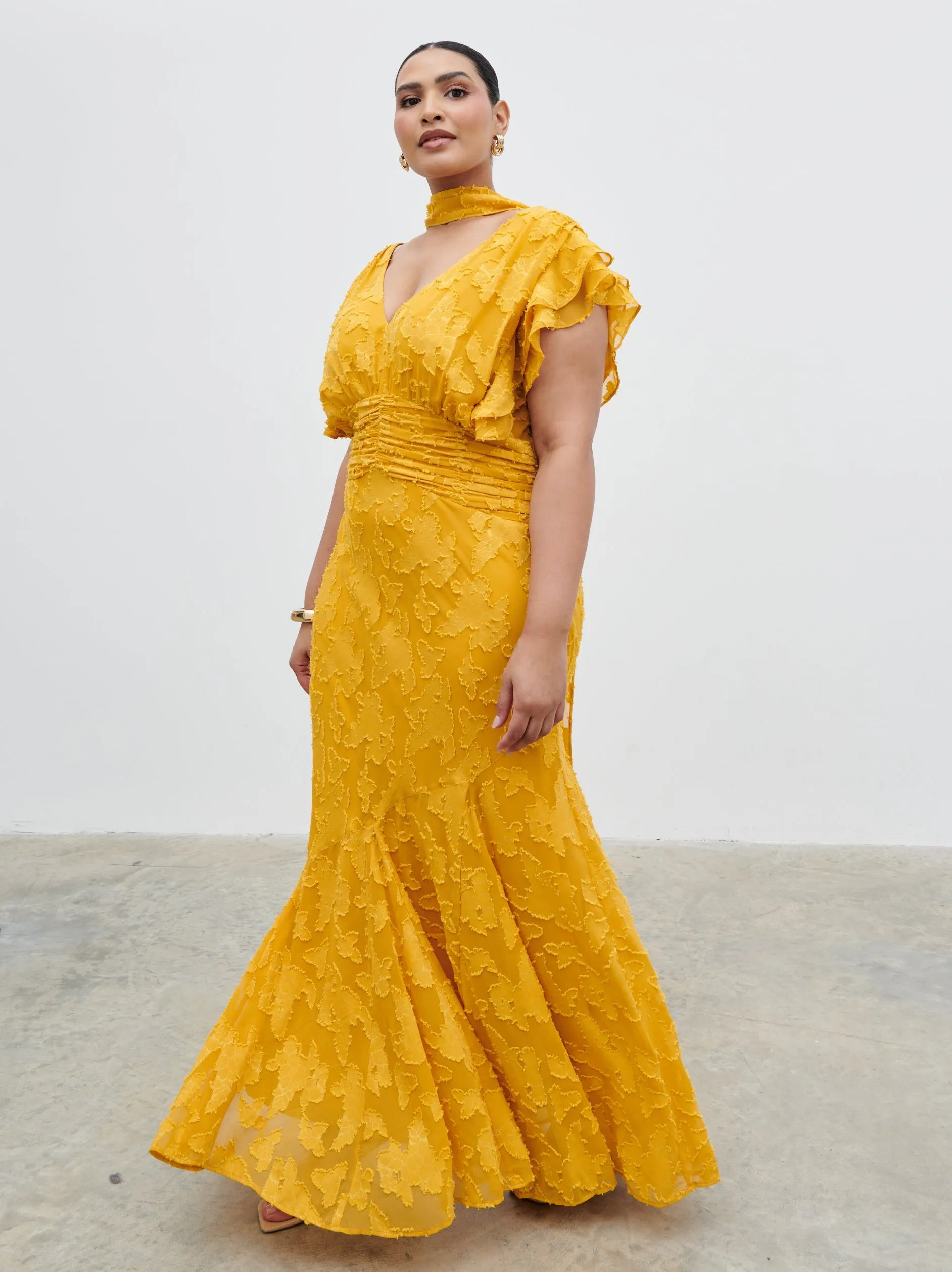 Katelynn Frill Jacquard Maxi Dress Curve - Yellow Ochre sold by Pretty Lavish product image thumbnail 3