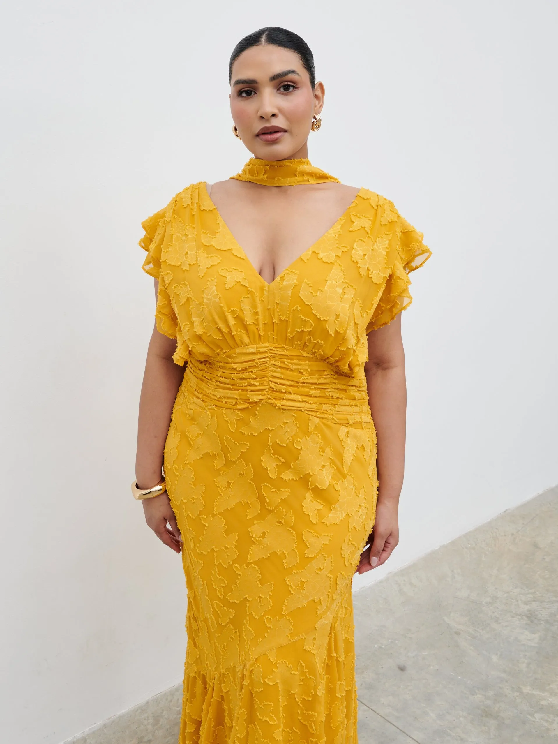 Katelynn Frill Jacquard Maxi Dress Curve - Yellow Ochre sold by Pretty Lavish product image thumbnail 4