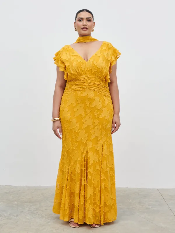 Katelynn Frill Jacquard Maxi Dress Curve - Yellow Ochre sold by Pretty Lavish