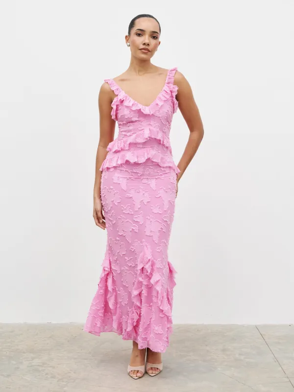 Helena Ruffle Jacquard Maxi Dress - Peony Pink sold by Pretty Lavish