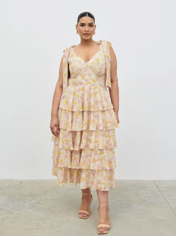 Fiore Tie Ruffle Midaxi Dress Curve - Ditsy Floral sold by Pretty Lavish