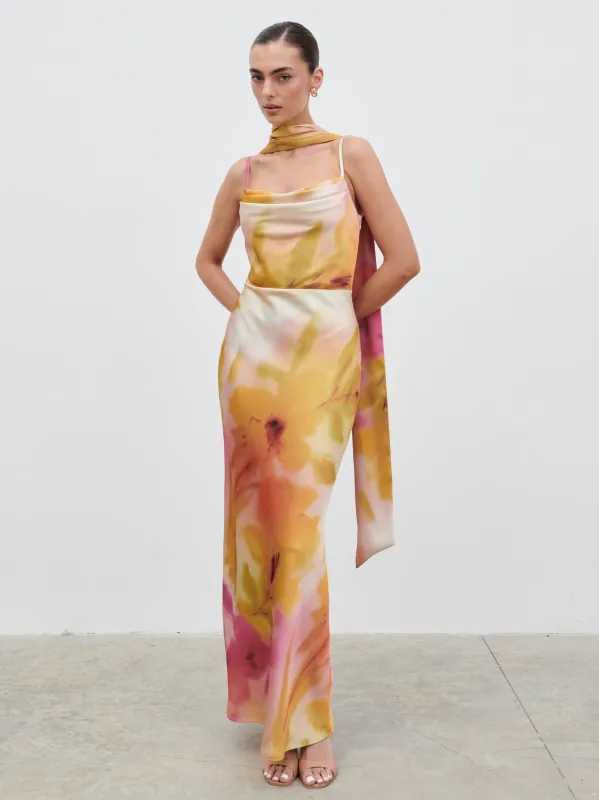 Keisha Scarf Maxi Dress - Pink and Yellow Ochre Floral made by Pretty Lavish