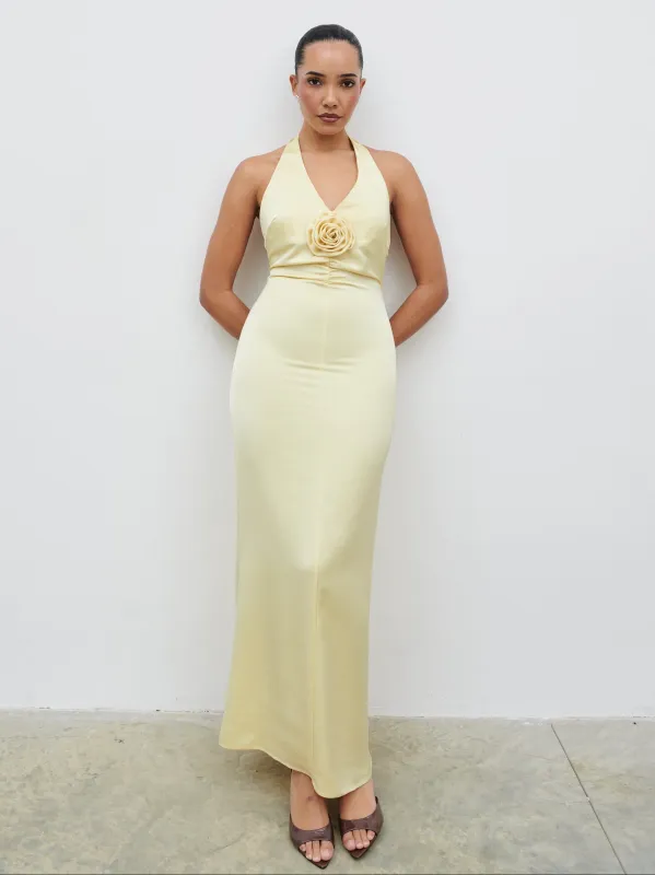 Reya Satin Corsage Maxi Dress - Lemon made by Pretty Lavish