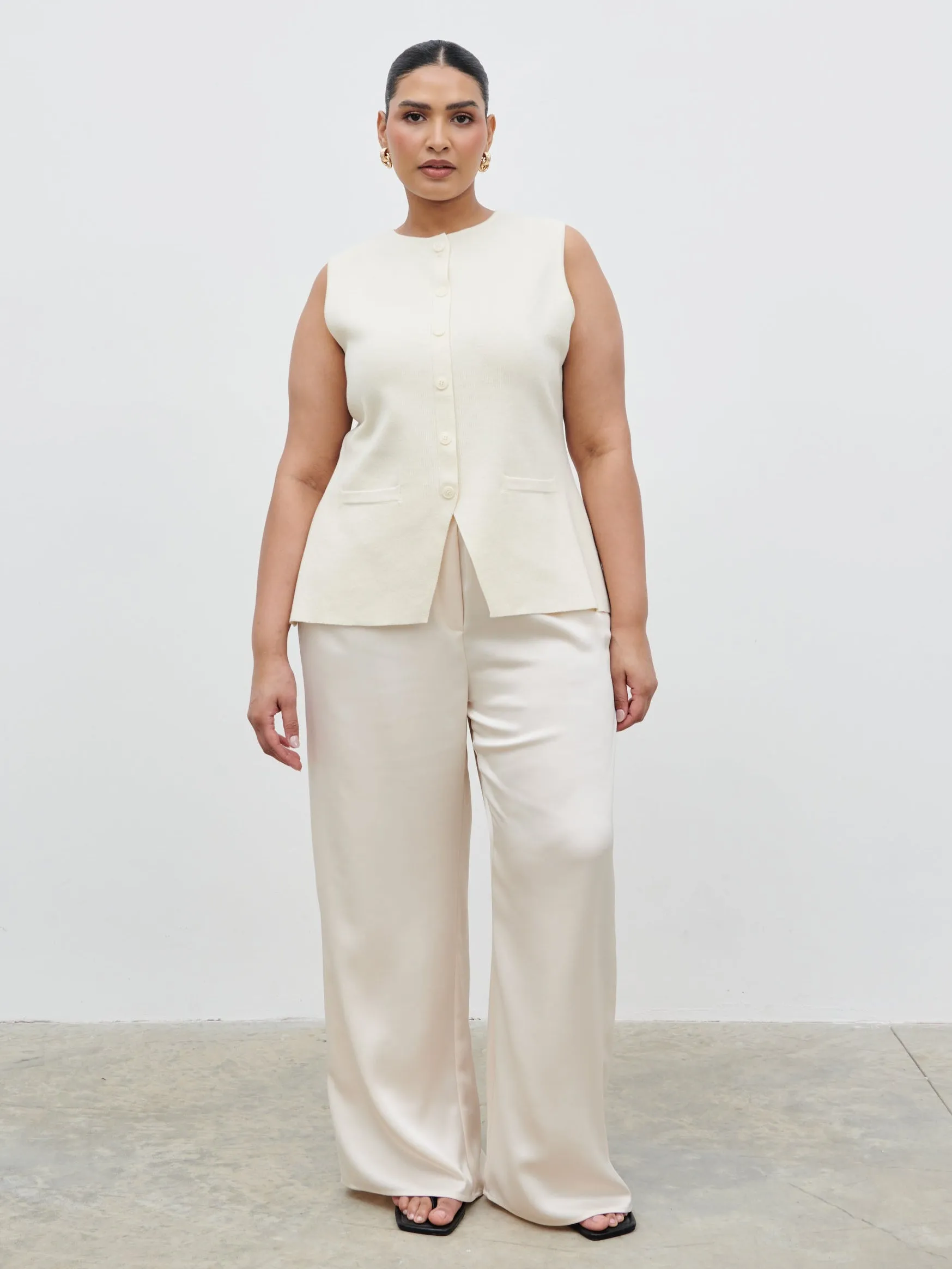 Alba Knit Longline Waistcoat Curve - Cream sold by Pretty Lavish