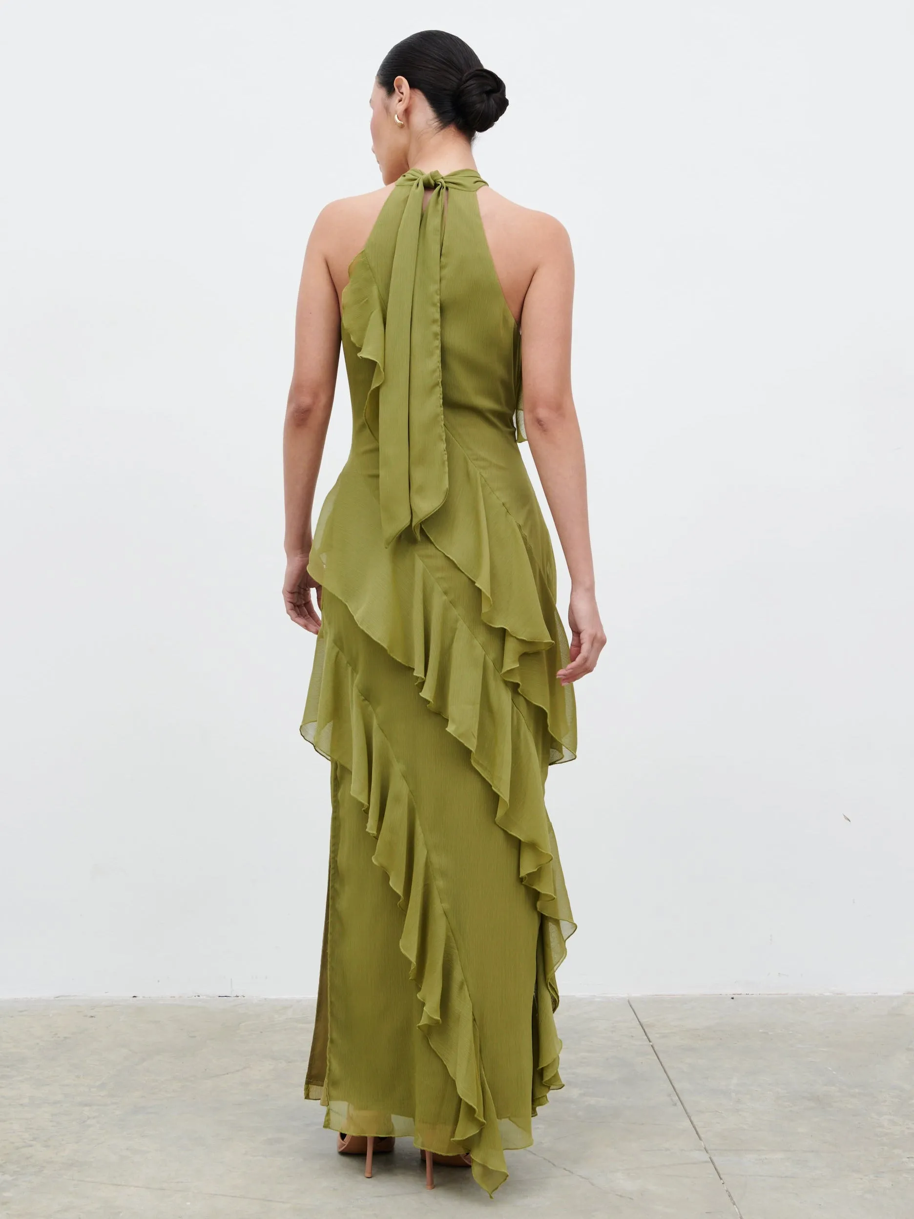 Aria Halterneck Ruffle Maxi Dress - Dark Olive sold by Pretty Lavish product image thumbnail 5