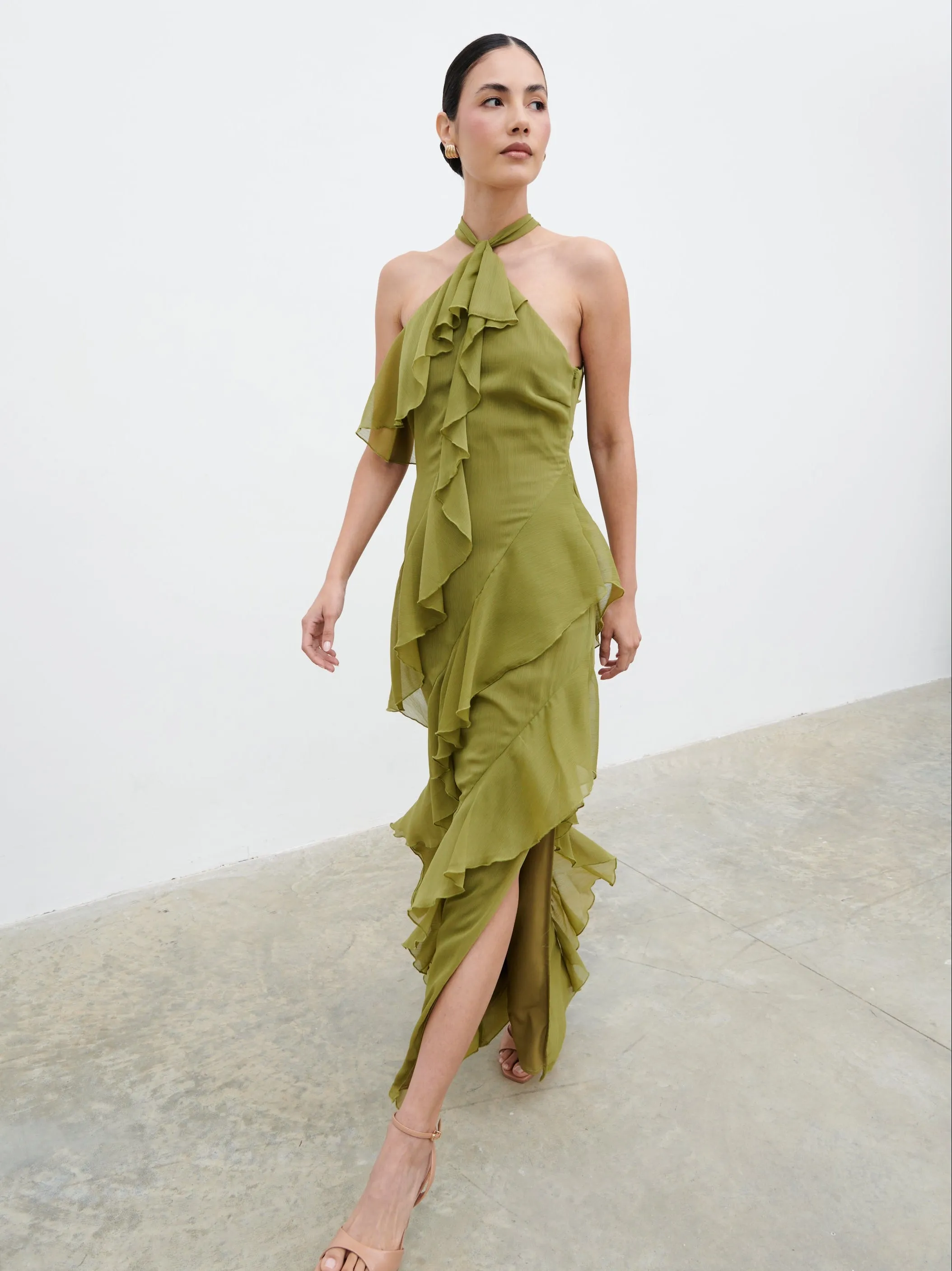Aria Halterneck Ruffle Maxi Dress - Dark Olive sold by Pretty Lavish product image thumbnail 3