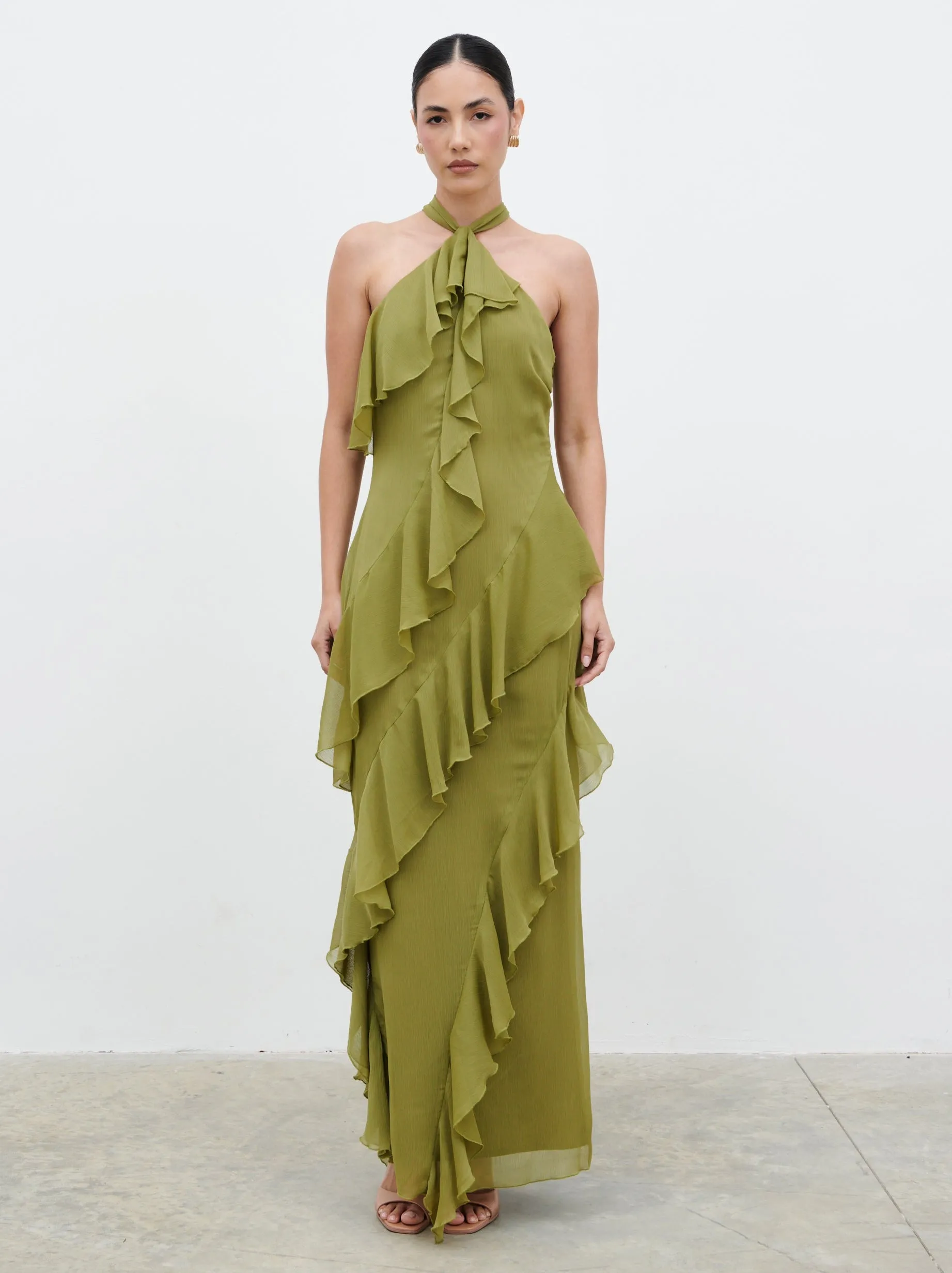 Aria Halterneck Ruffle Maxi Dress - Dark Olive sold by Pretty Lavish