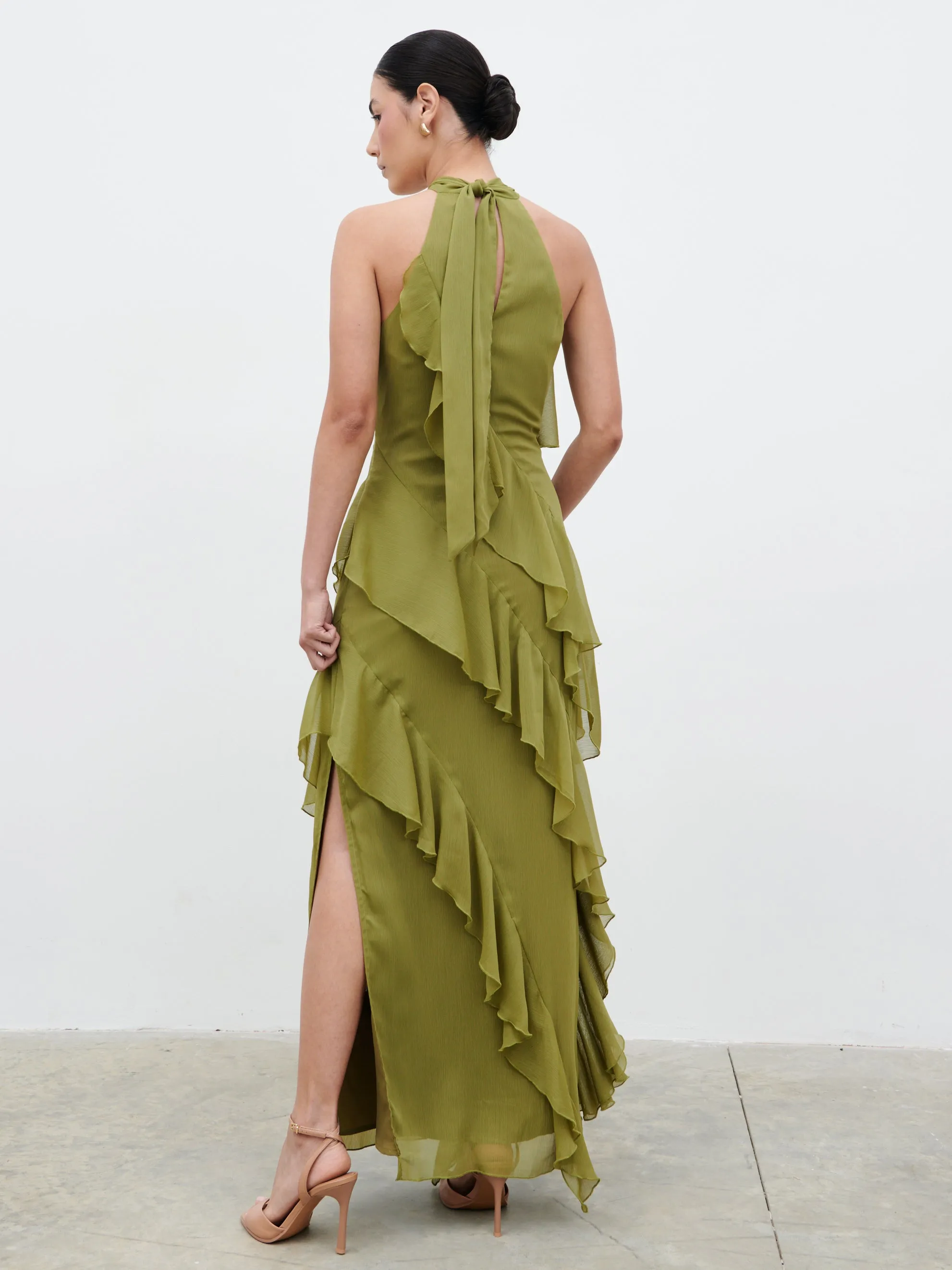 Aria Halterneck Ruffle Maxi Dress - Dark Olive sold by Pretty Lavish product image thumbnail 4