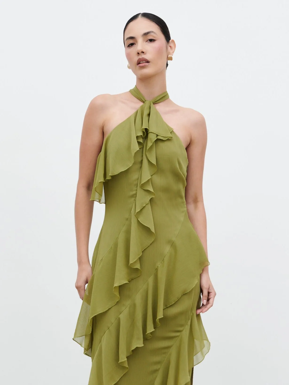 Aria Halterneck Ruffle Maxi Dress - Dark Olive sold by Pretty Lavish product image thumbnail 2