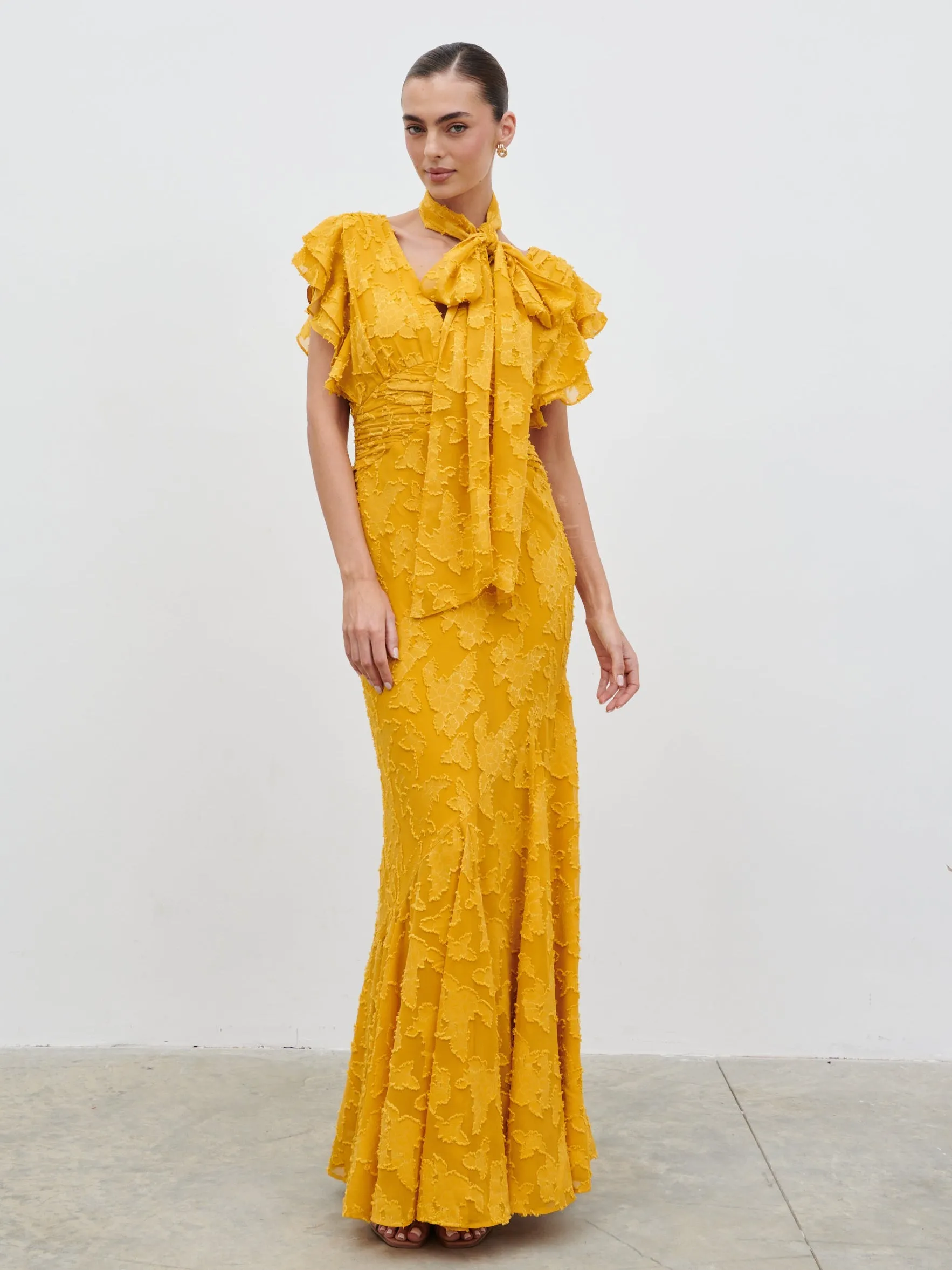 Katelynn Frill Jacquard Maxi Dress - Yellow Ochre sold by Pretty Lavish product image thumbnail 3