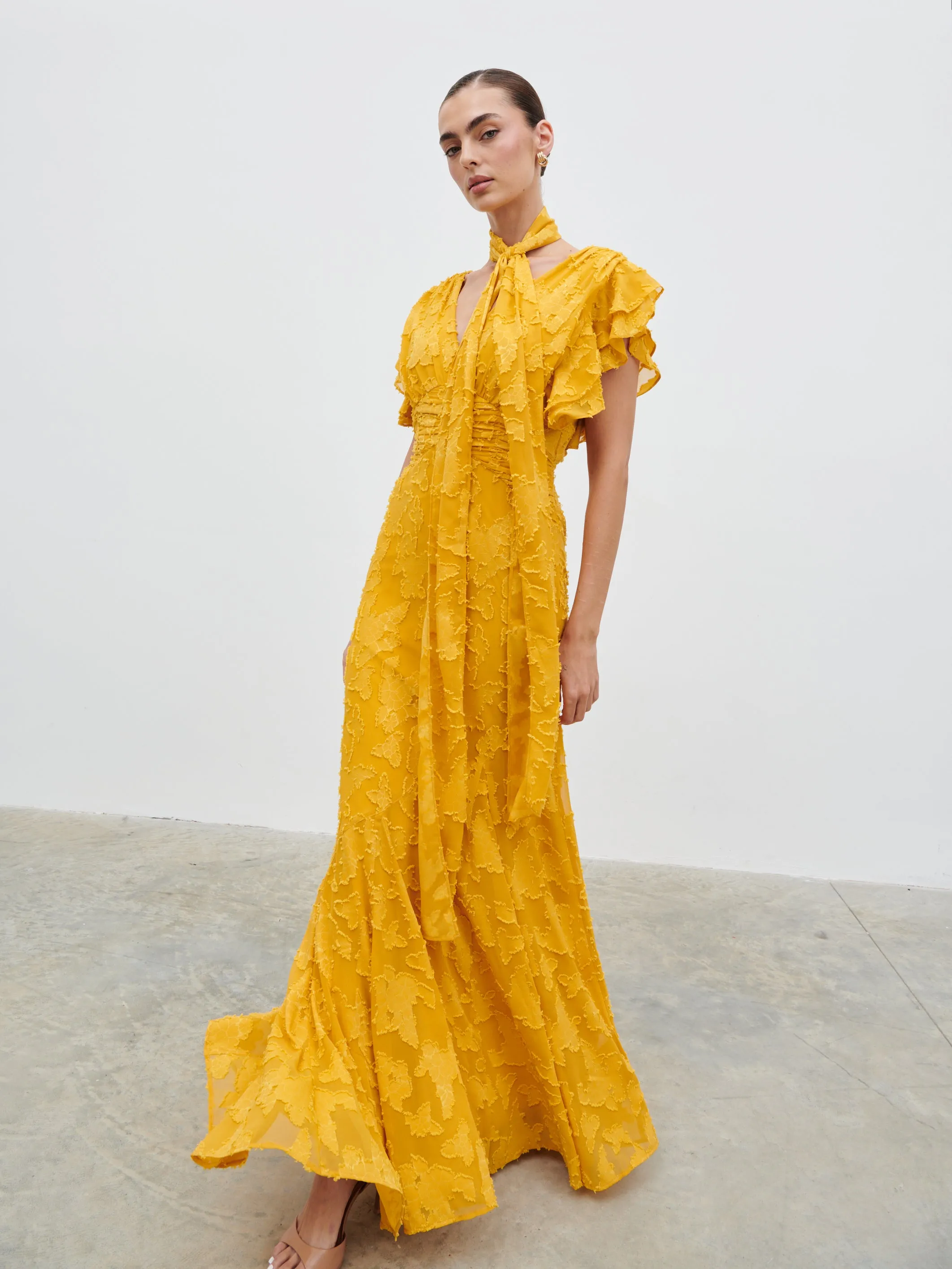 Katelynn Frill Jacquard Maxi Dress - Yellow Ochre sold by Pretty Lavish product image thumbnail 4