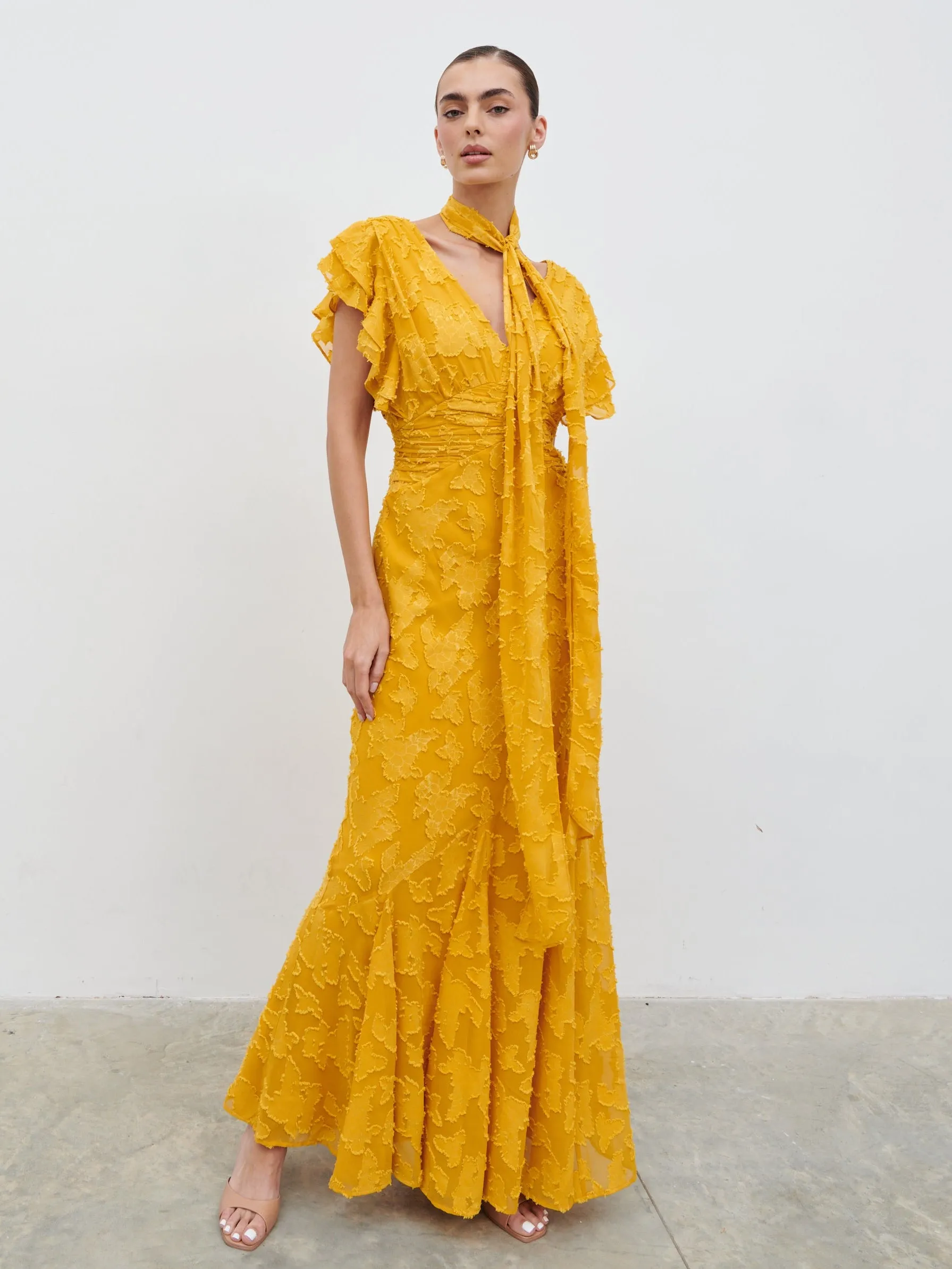 Katelynn Frill Jacquard Maxi Dress - Yellow Ochre sold by Pretty Lavish product image thumbnail 5