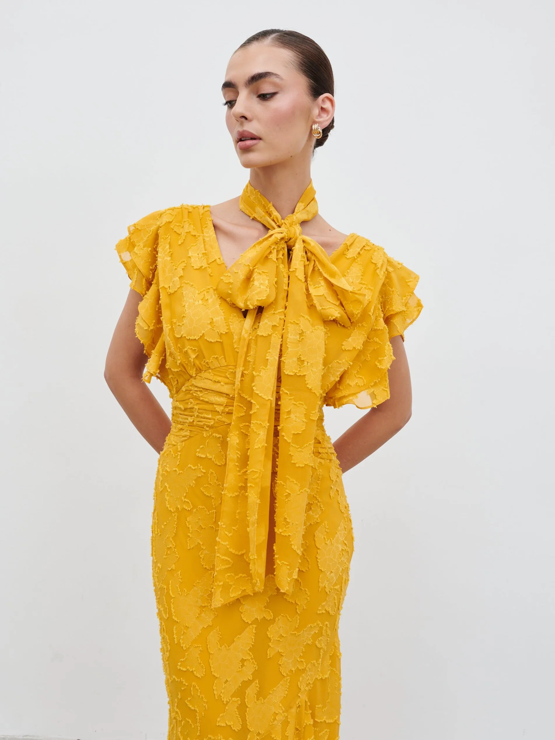 Katelynn Frill Jacquard Maxi Dress - Yellow Ochre sold by Pretty Lavish product image thumbnail 2