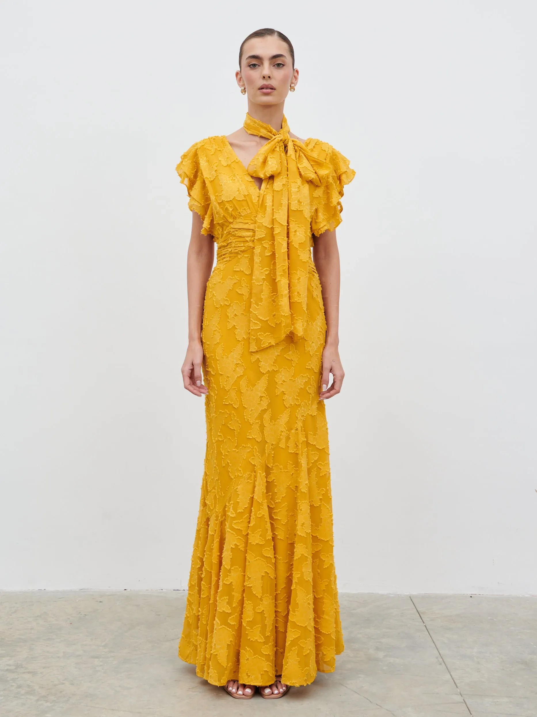 Katelynn Frill Jacquard Maxi Dress - Yellow Ochre sold by Pretty Lavish