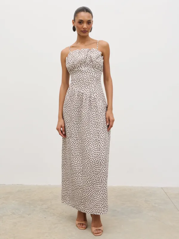 Zaria Corset Detail Maxi Dress - Cream and Brown Polkadot made by Pretty Lavish