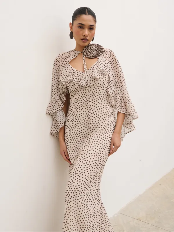 Oriana Corsage Cape Maxi Dress - Cream and Brown Polkadot made by Pretty Lavish