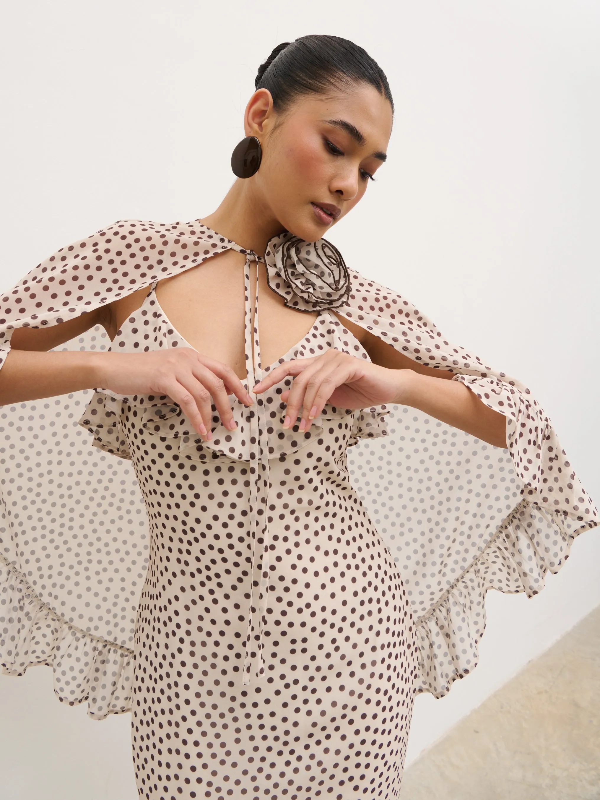 Oriana Corsage Cape Maxi Dress - Cream and Brown Polkadot sold by Pretty Lavish product image thumbnail 3