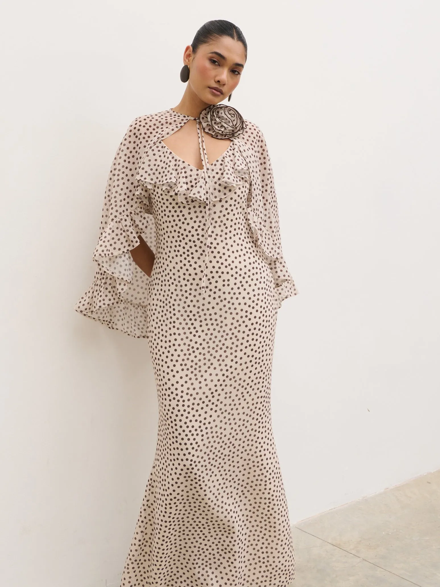 Oriana Corsage Cape Maxi Dress - Cream and Brown Polkadot sold by Pretty Lavish product image thumbnail 4