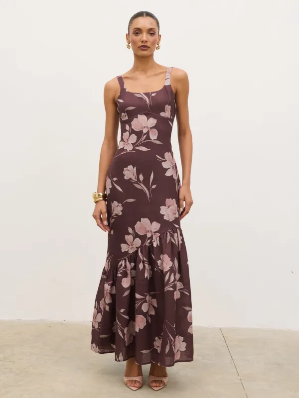 Kaia Scoop Neck Printed Frill Maxi Dress - Brown Botanical Lily Floral made by Pretty Lavish