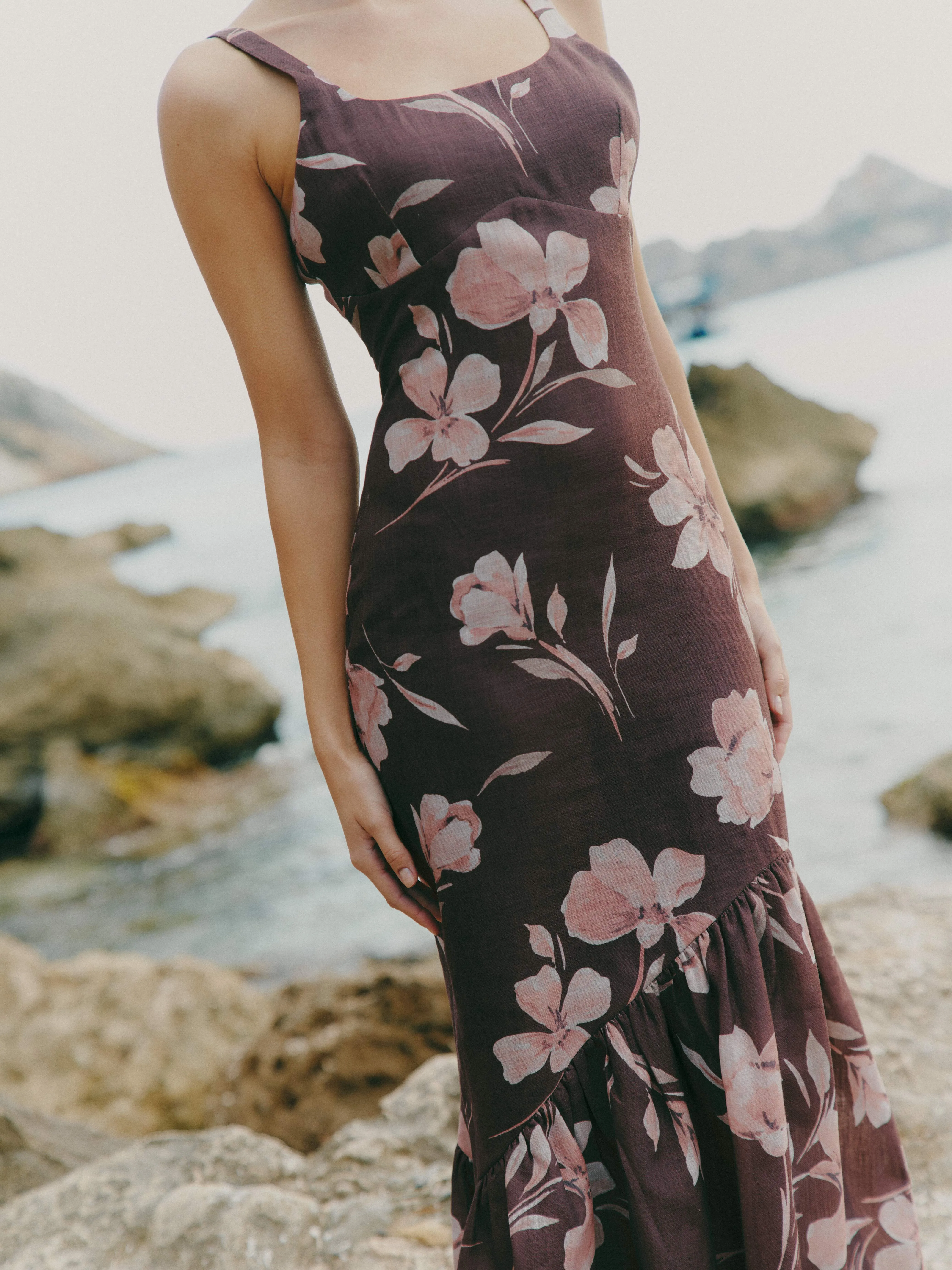Kaia Scoop Neck Printed Frill Maxi Dress - Brown Botanical Lily Floral sold by Pretty Lavish product image thumbnail 2