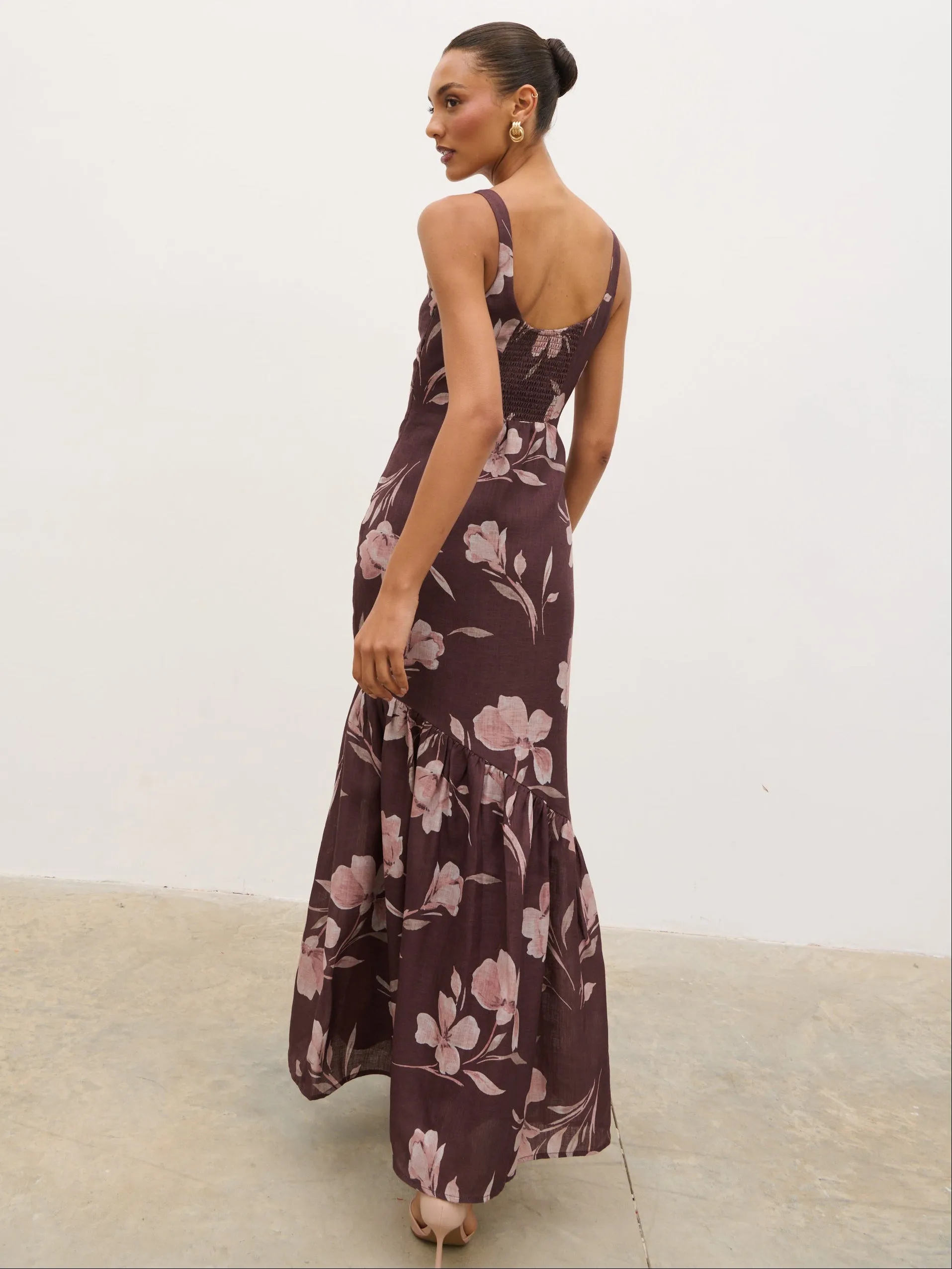 Kaia Scoop Neck Printed Frill Maxi Dress - Brown Botanical Lily Floral sold by Pretty Lavish product image thumbnail 5