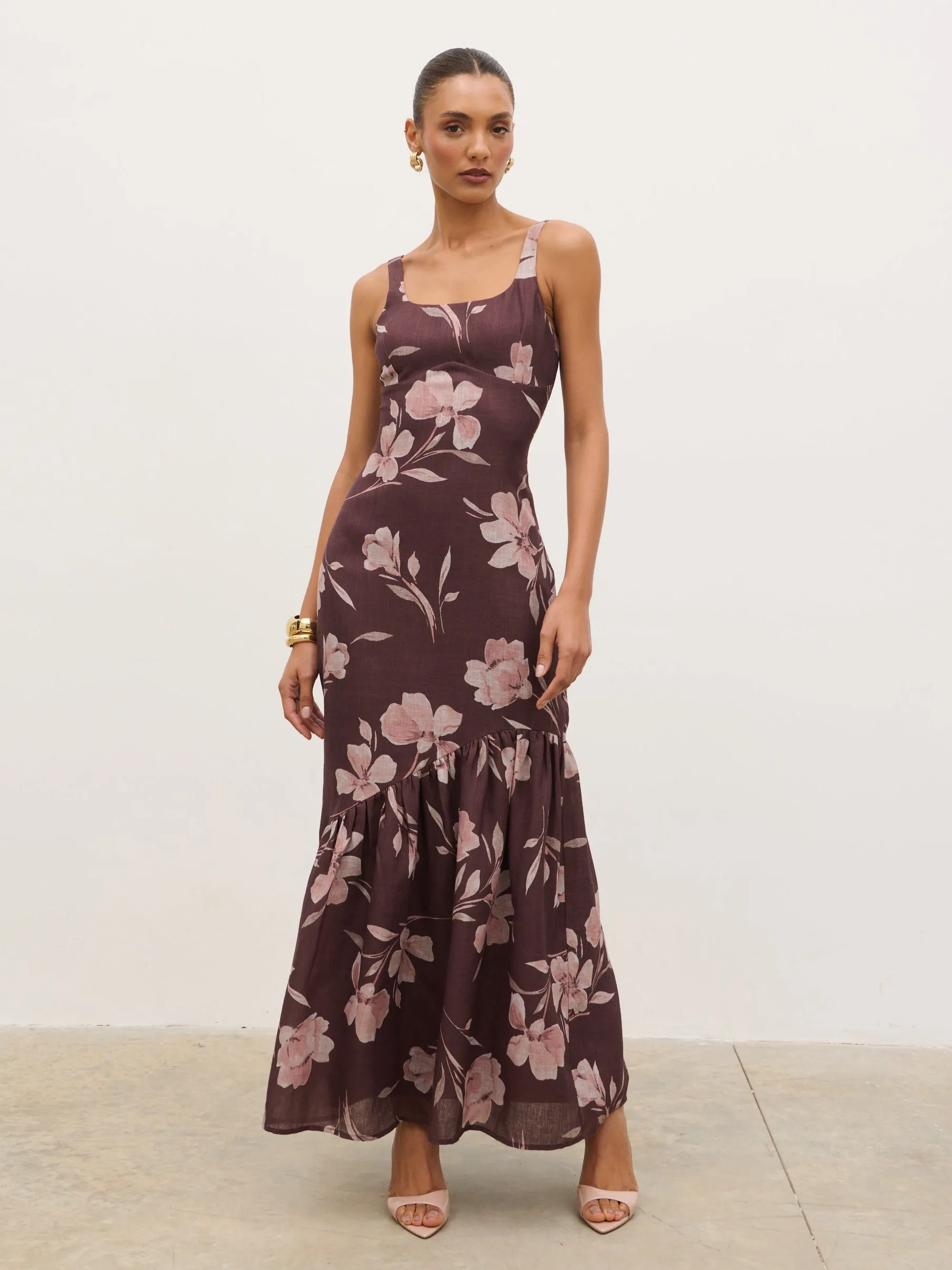 Kaia Scoop Neck Printed Frill Maxi Dress - Brown Botanical Lily Floral sold by Pretty Lavish product image thumbnail 3