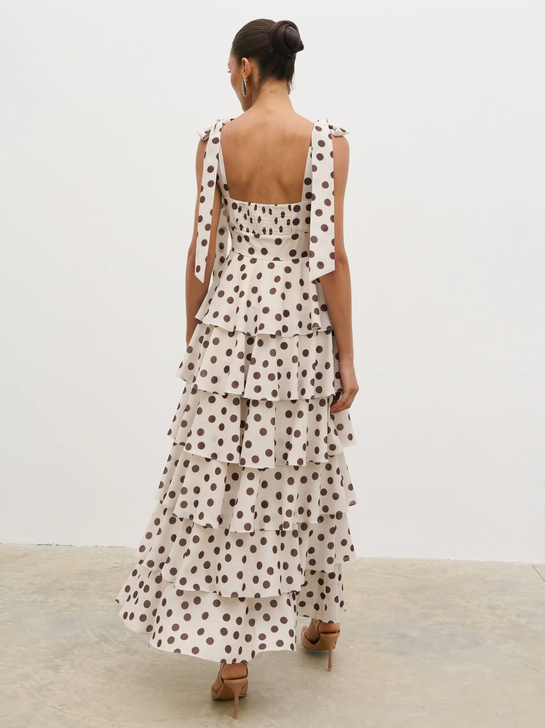 Fiore Tie Ruffle Maxi Dress - Large Brown and Cream Polkadot sold by Pretty Lavish product image thumbnail 4