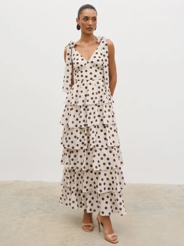 Fiore Tie Ruffle Maxi Dress - Large Brown and Cream Polkadot made by Pretty Lavish
