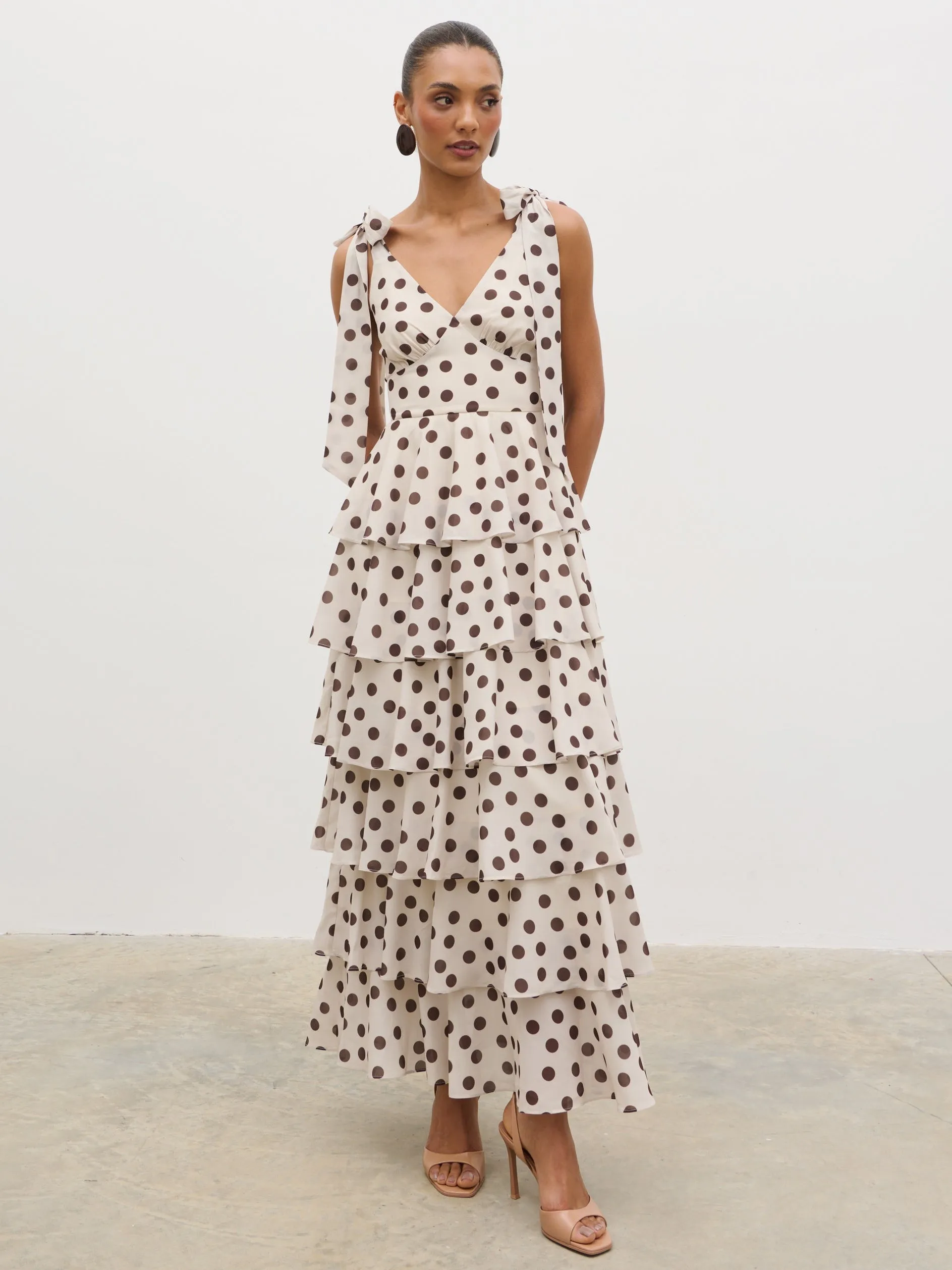 Fiore Tie Ruffle Maxi Dress - Large Brown and Cream Polkadot sold by Pretty Lavish