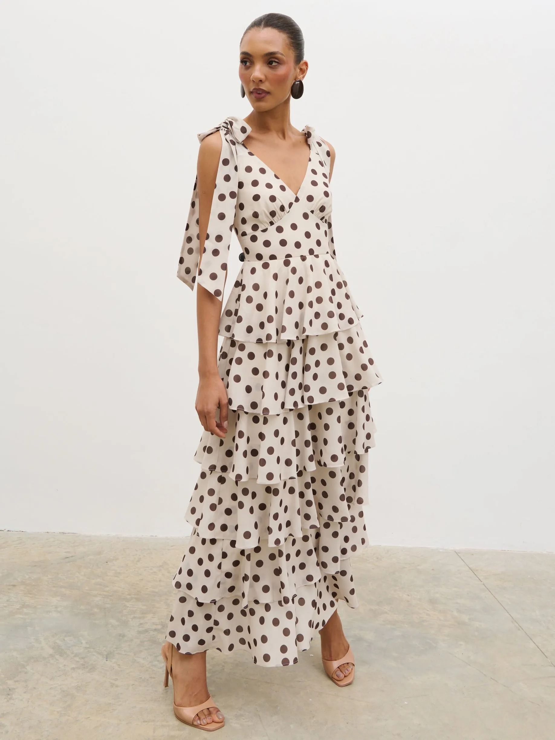 Fiore Tie Ruffle Maxi Dress - Large Brown and Cream Polkadot sold by Pretty Lavish product image thumbnail 3