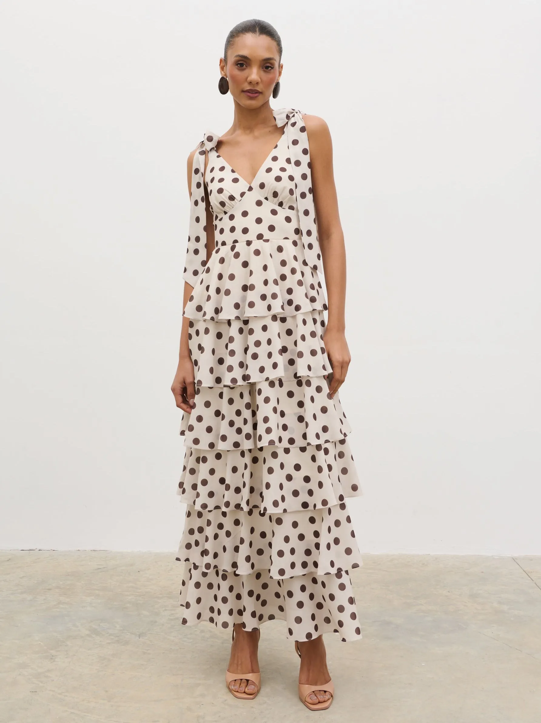 Fiore Tie Ruffle Maxi Dress - Large Brown and Cream Polkadot sold by Pretty Lavish product image thumbnail 5