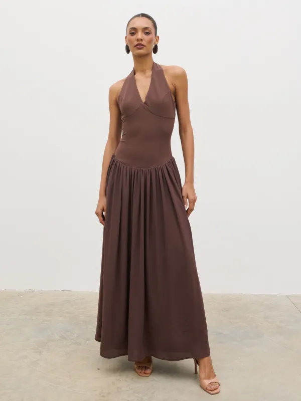 Isadora Drop Waist Maxi Dress - Chocolate Brown made by Pretty Lavish
