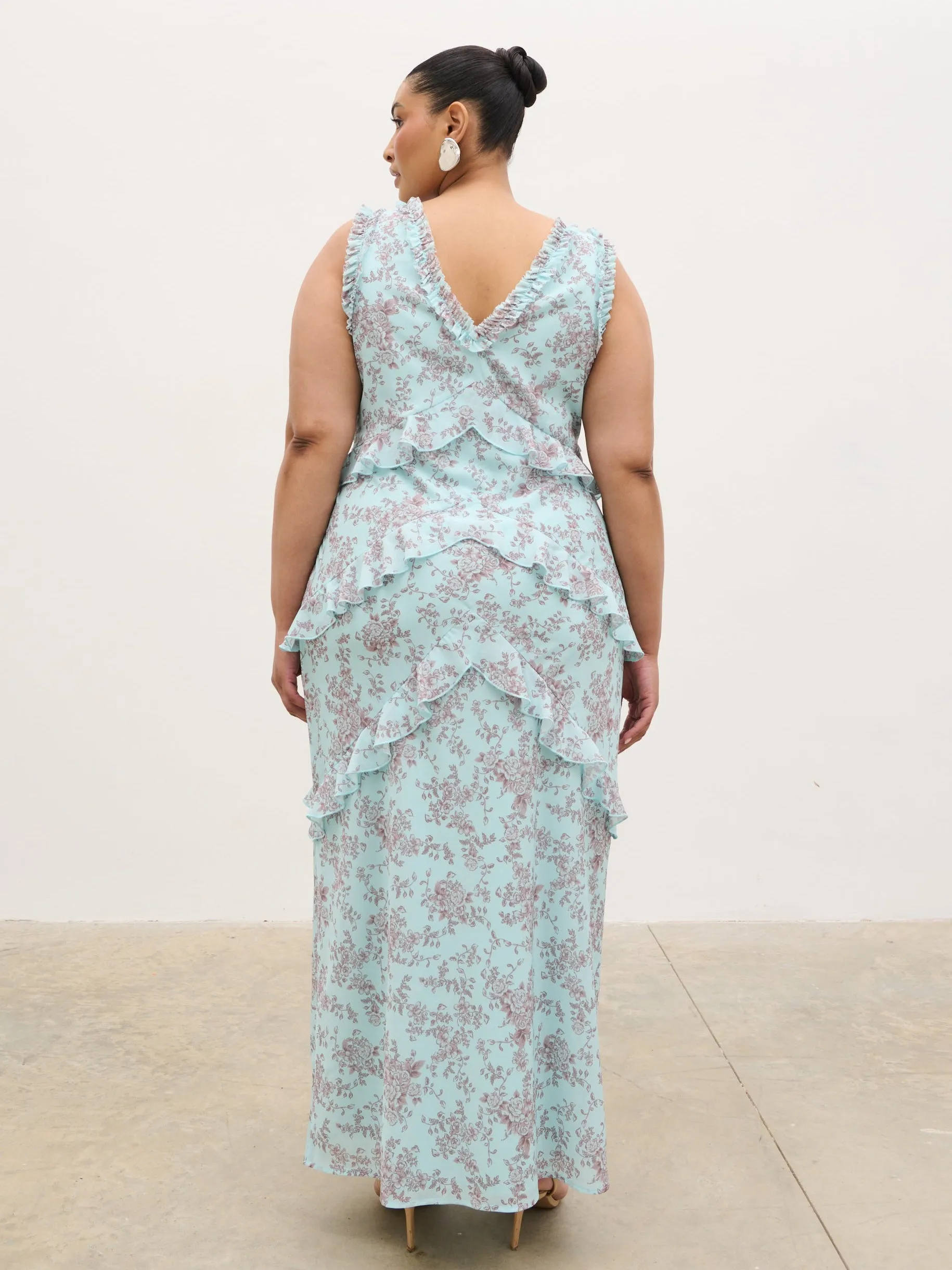 Aurelia Ruffle Maxi Dress Curve - Seaspray and Brown Floral sold by Pretty Lavish product image thumbnail 5