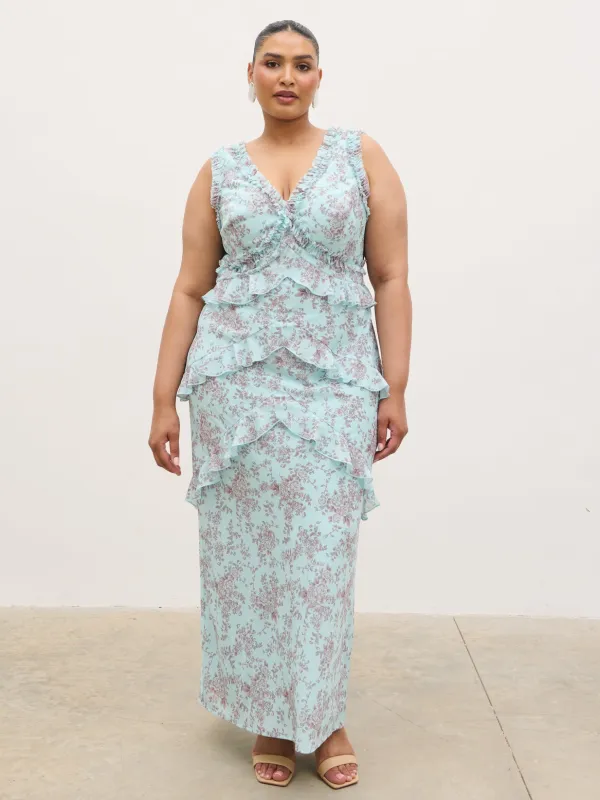 Aurelia Ruffle Maxi Dress Curve - Seaspray and Brown Floral made by Pretty Lavish