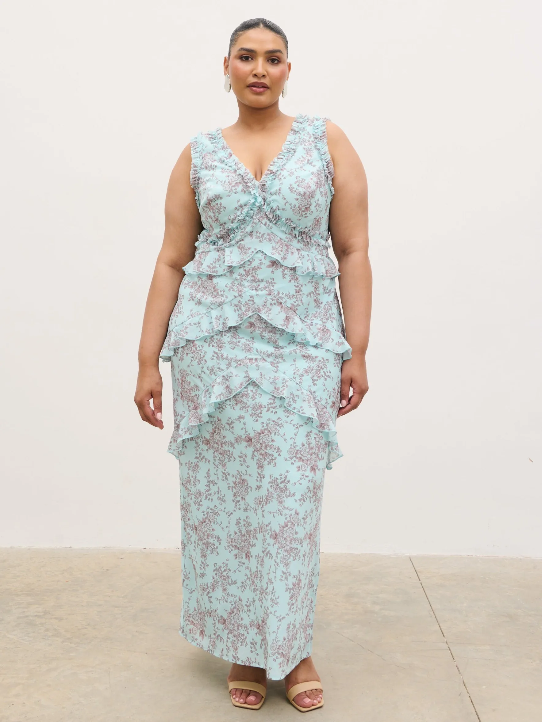 Aurelia Ruffle Maxi Dress Curve - Seaspray and Brown Floral sold by Pretty Lavish