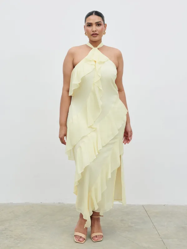 Aria Halterneck Ruffle Midaxi Dress Curve - Lemon made by Pretty Lavish