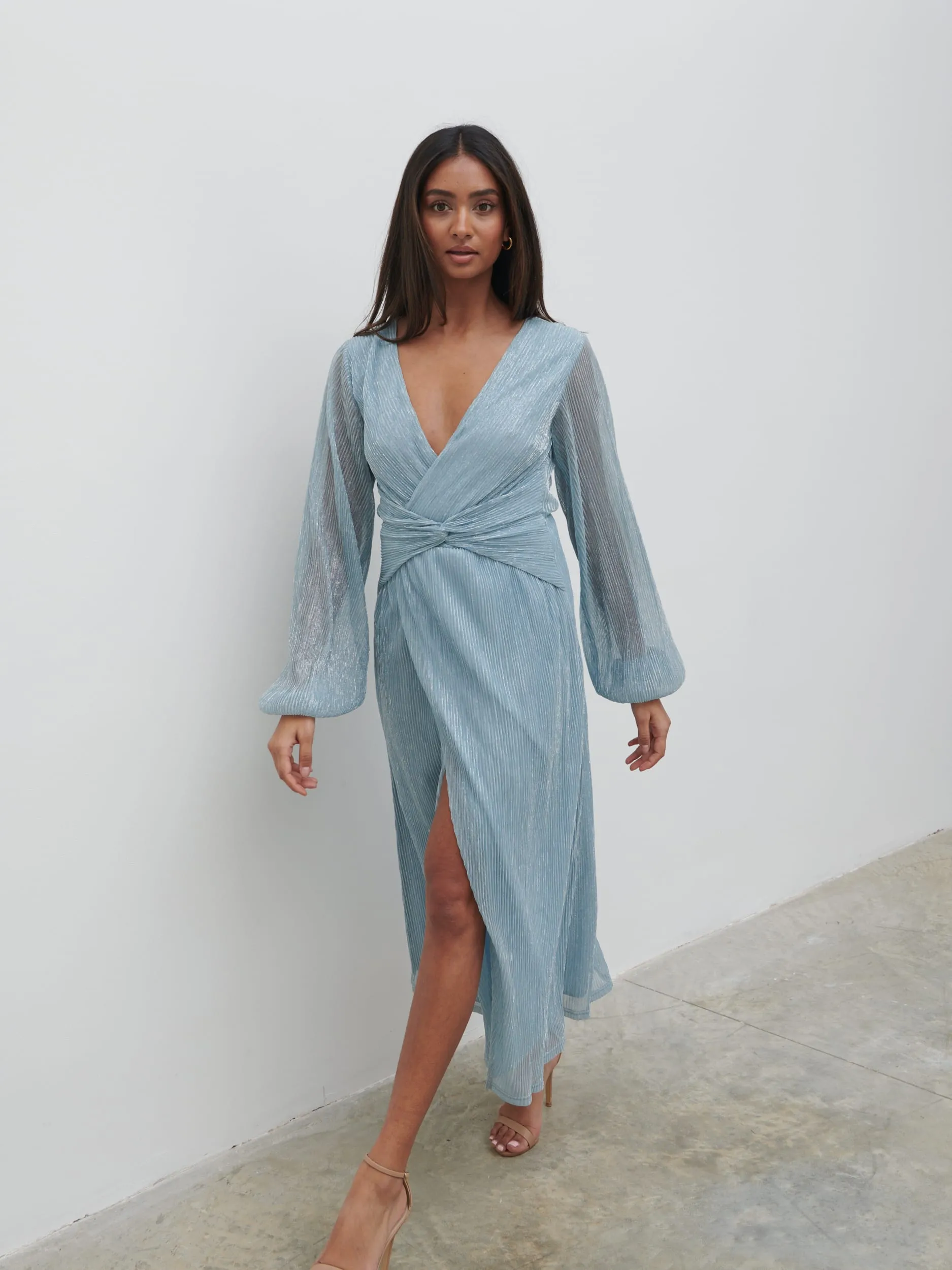 Friena Plisse Knot Contrast Dress - Blue Metallic sold by Pretty Lavish